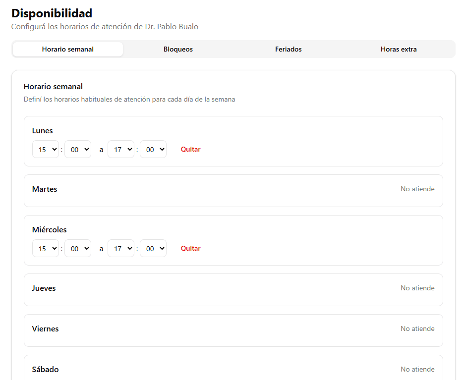 Enyare availability configuration showing weekly schedule with configurable hours per day, blocks, holidays, and extra hours tabs