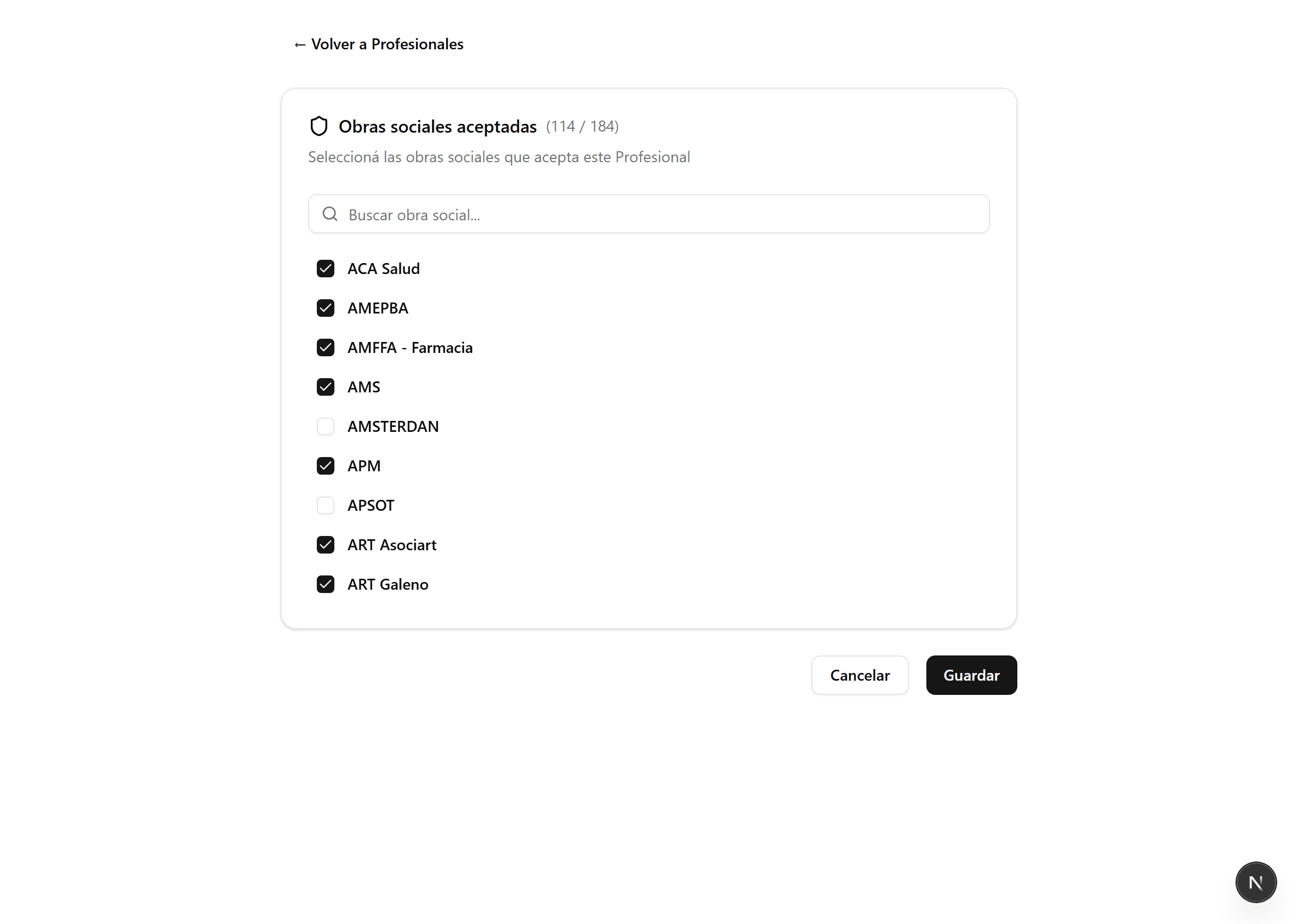 Insurance list with checkboxes