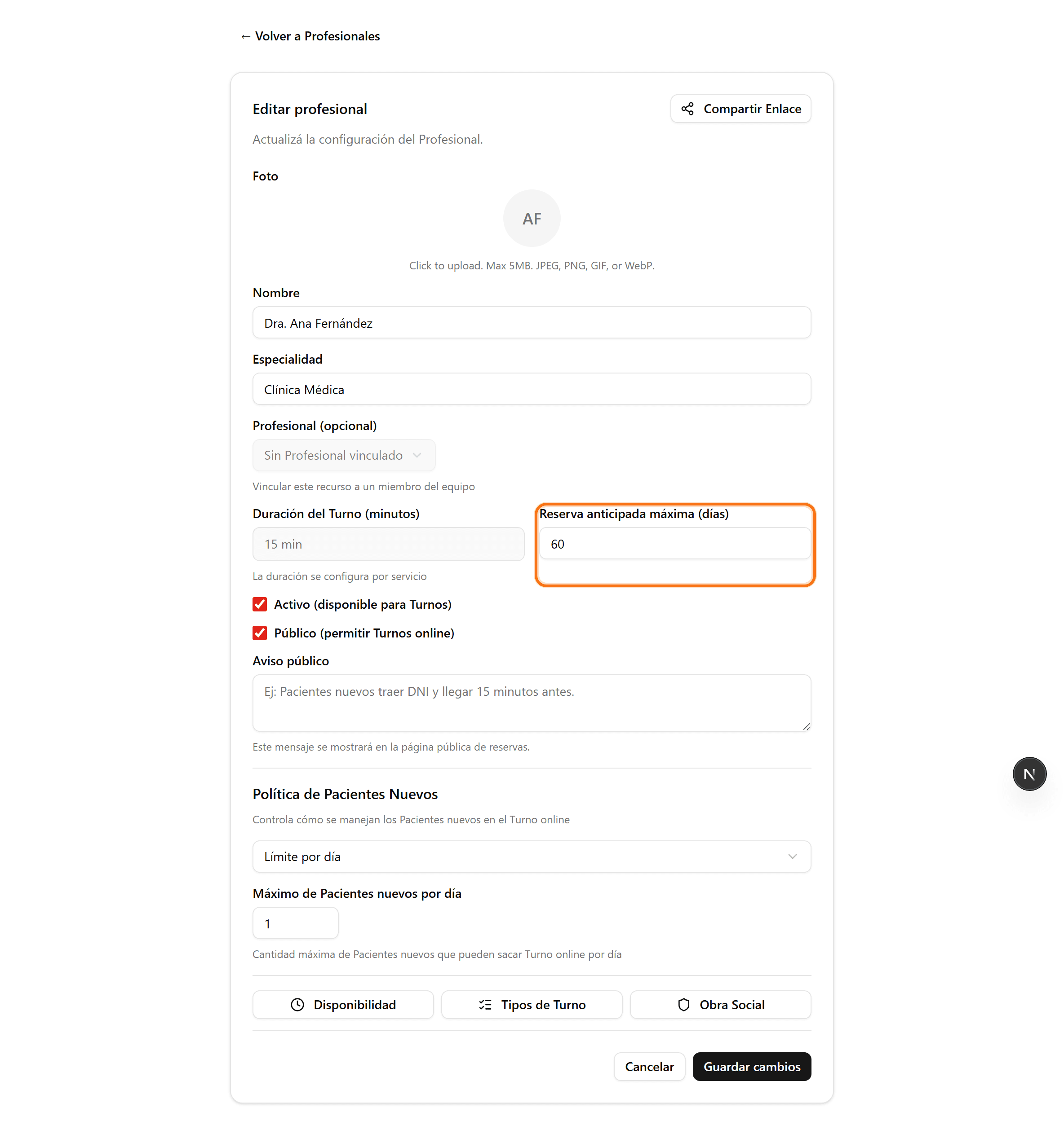 Booking window field on the professional's page