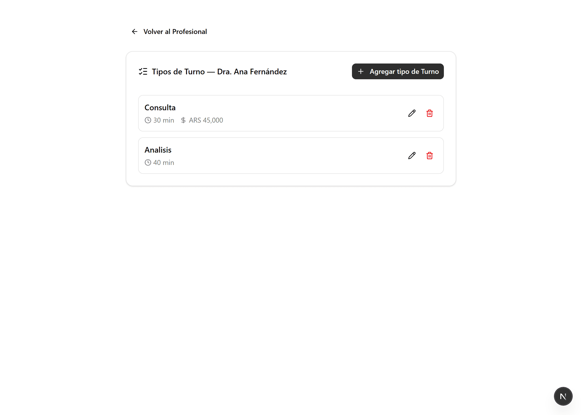 List of appointment types with their prices