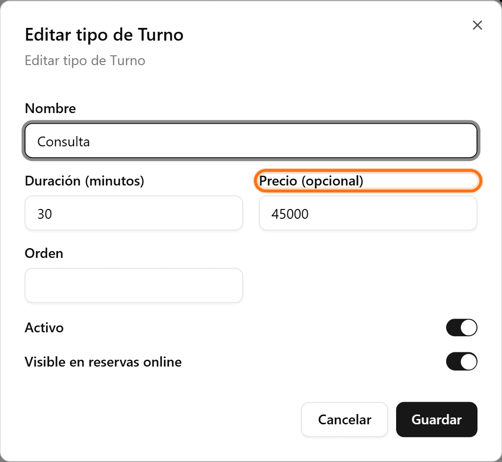 Price field in the appointment type form