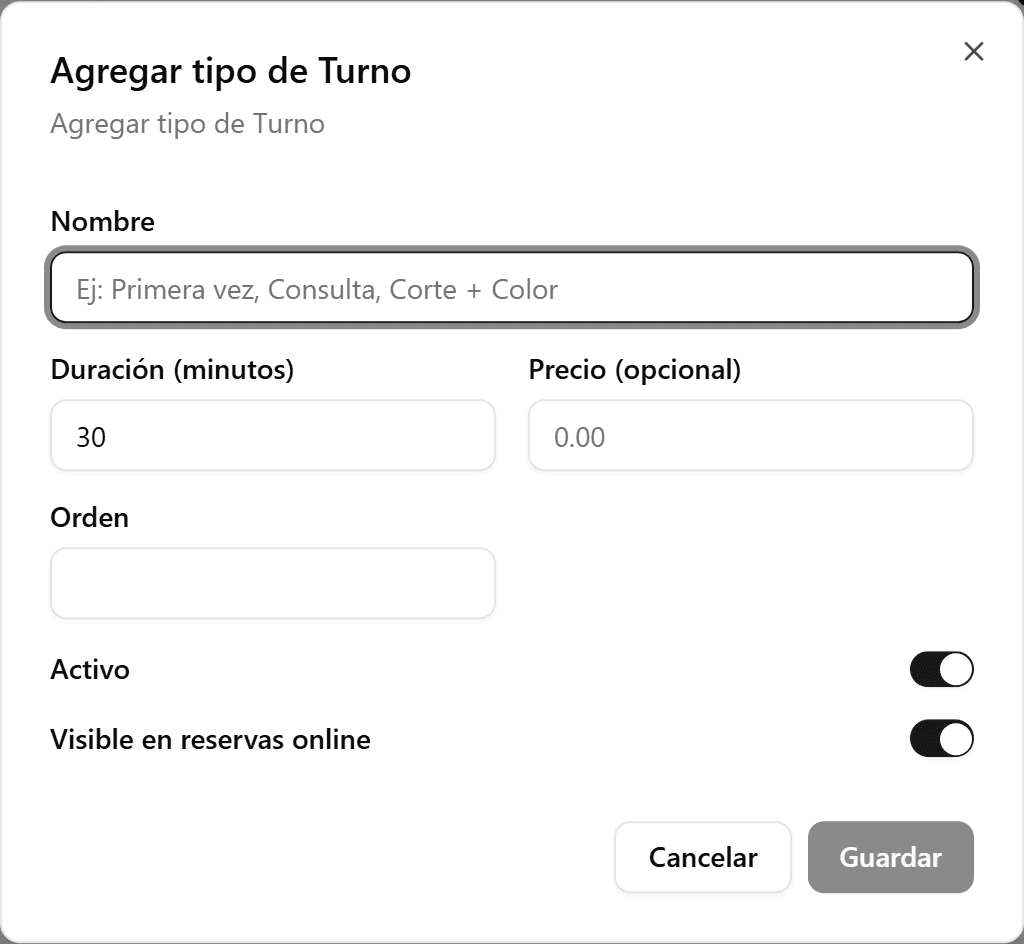Active, visible, and order fields on the appointment type