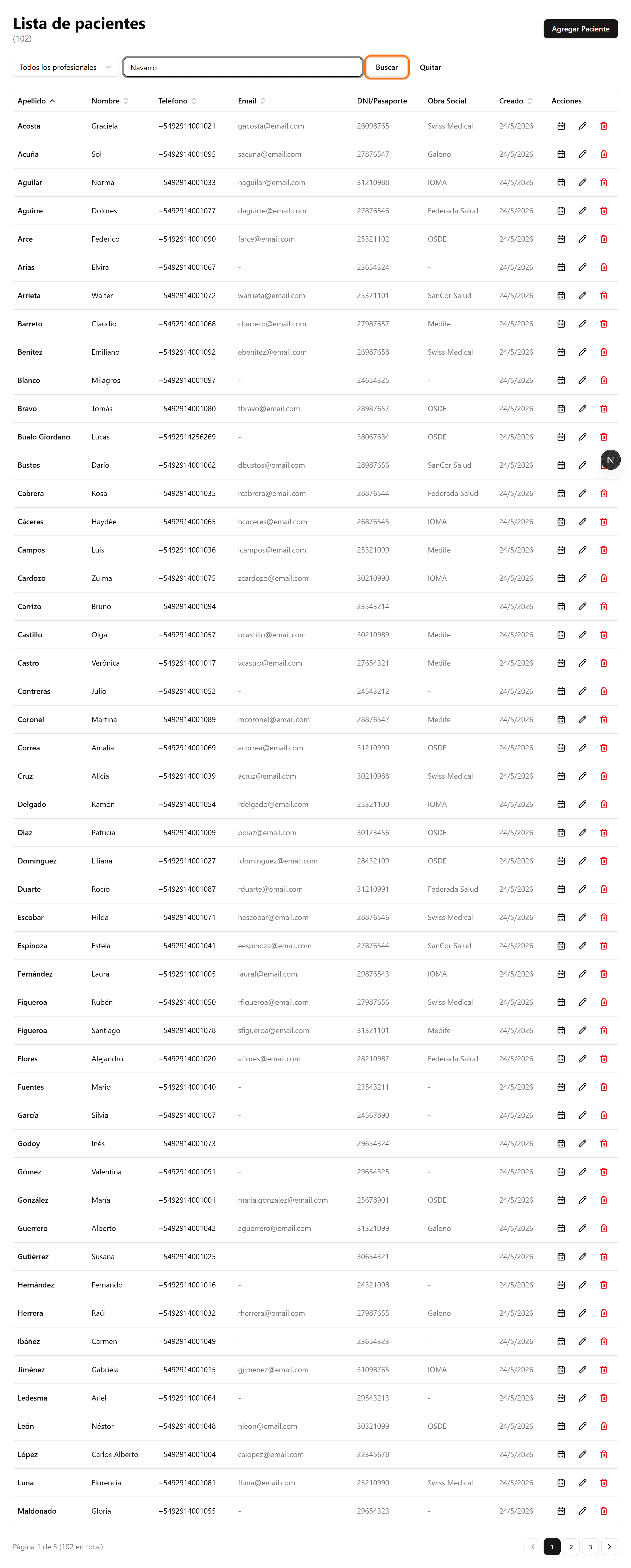 Search in the patients list