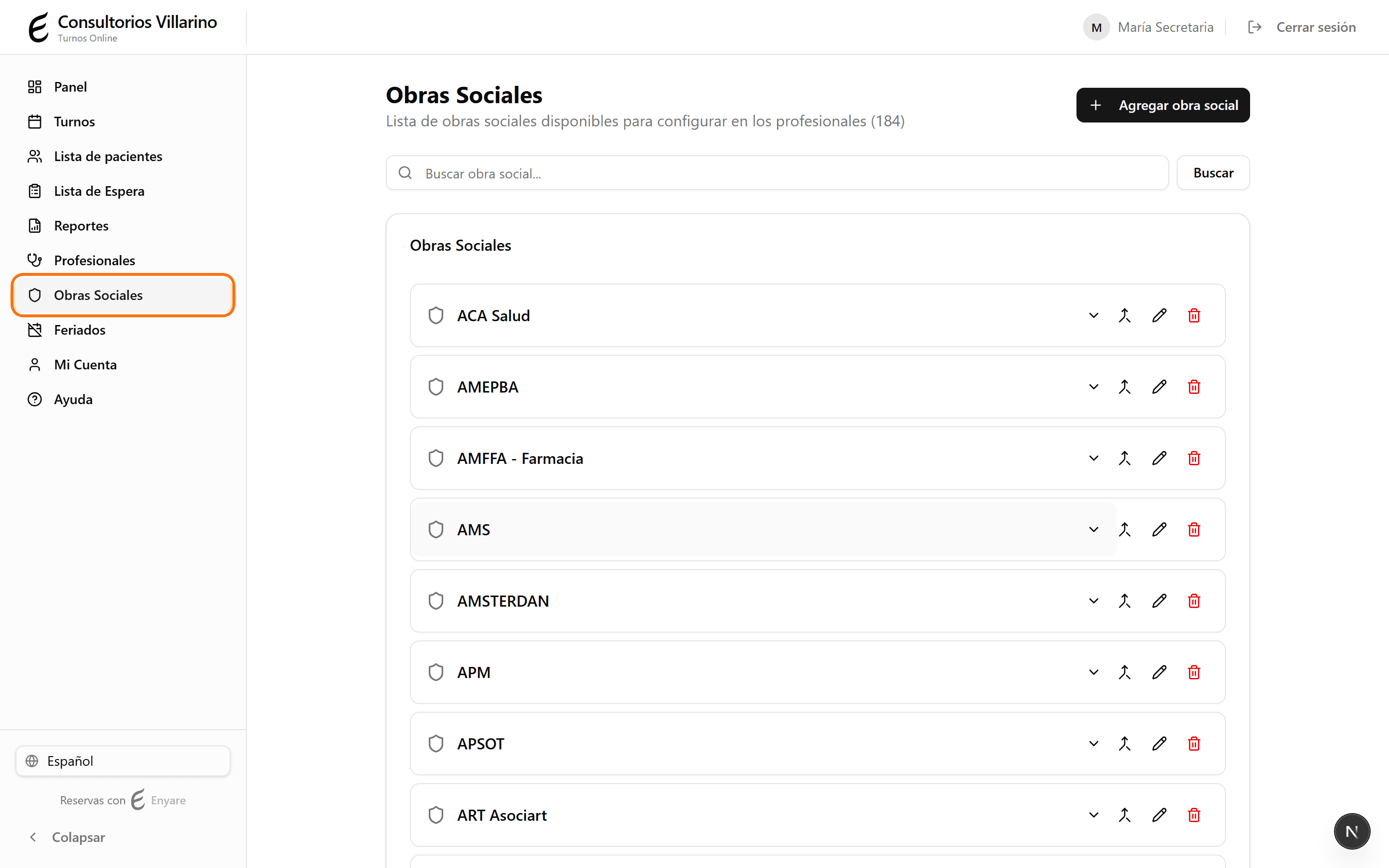 Insurance providers page with the list and search box