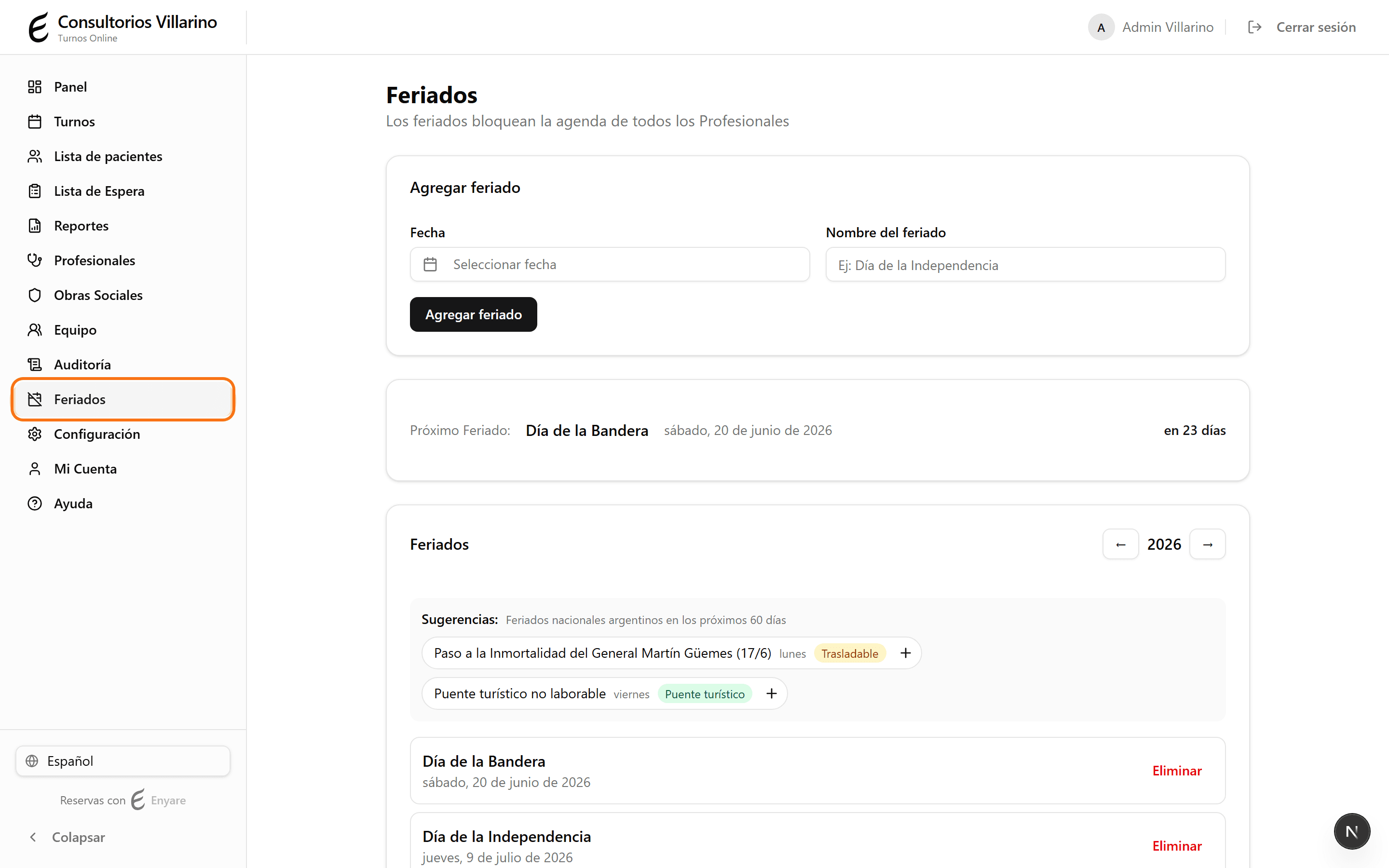 Holidays page with the sidebar
