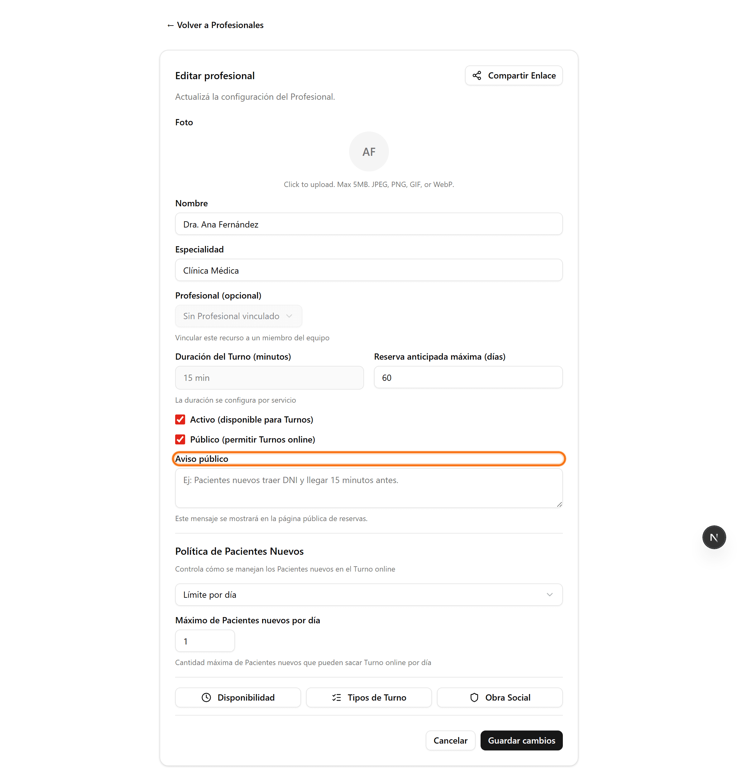 Professional's public notice with the Save changes button