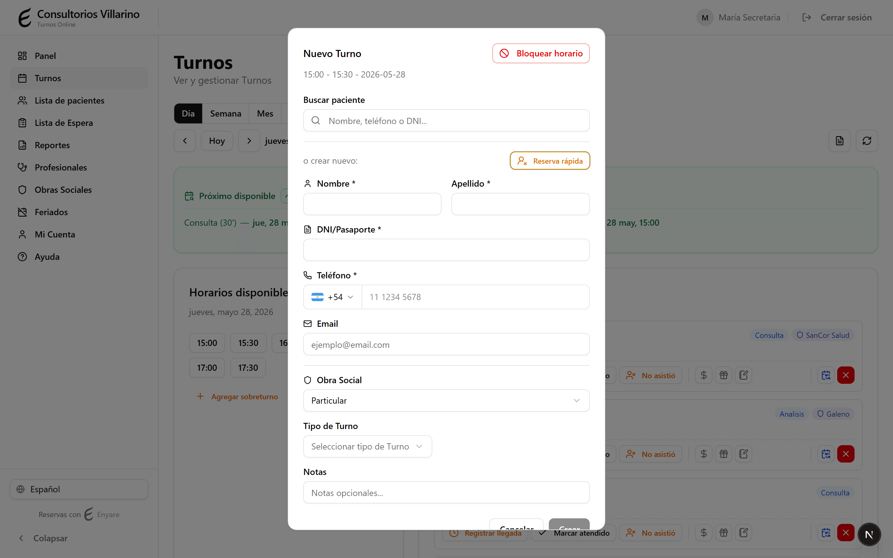 Quick booking button in the patient selector