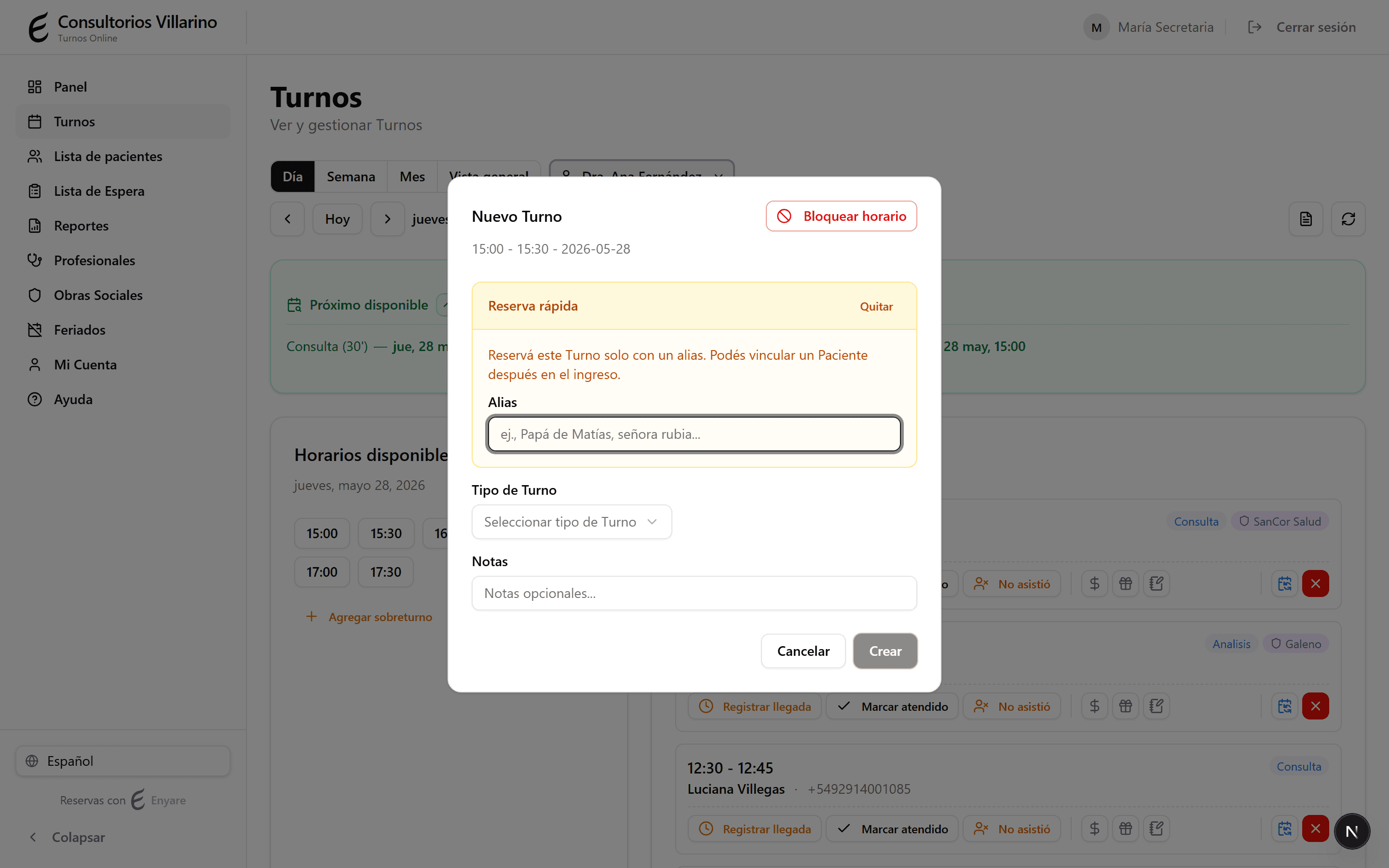Appointment with alias and warning in the agenda