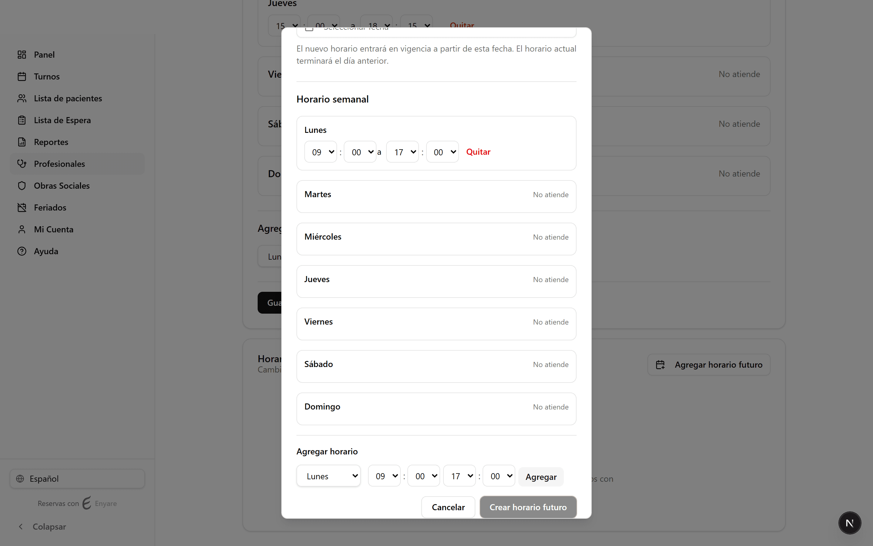 Dialog with the future weekly schedule and the Create future schedule button