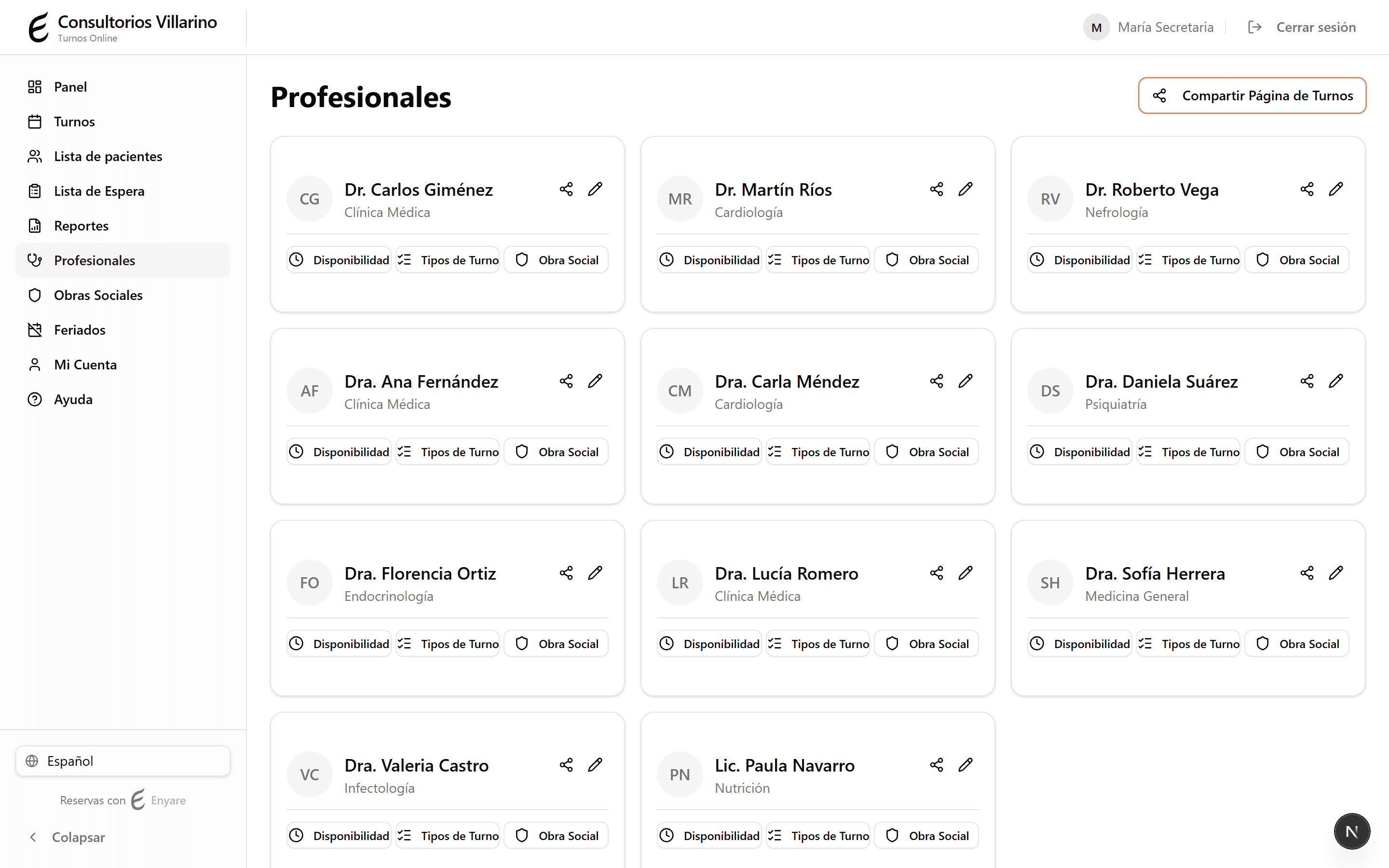 Share Booking Page button in Professionals