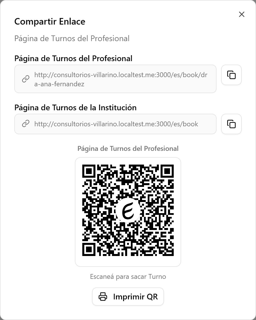 Professional's share dialog with link and QR