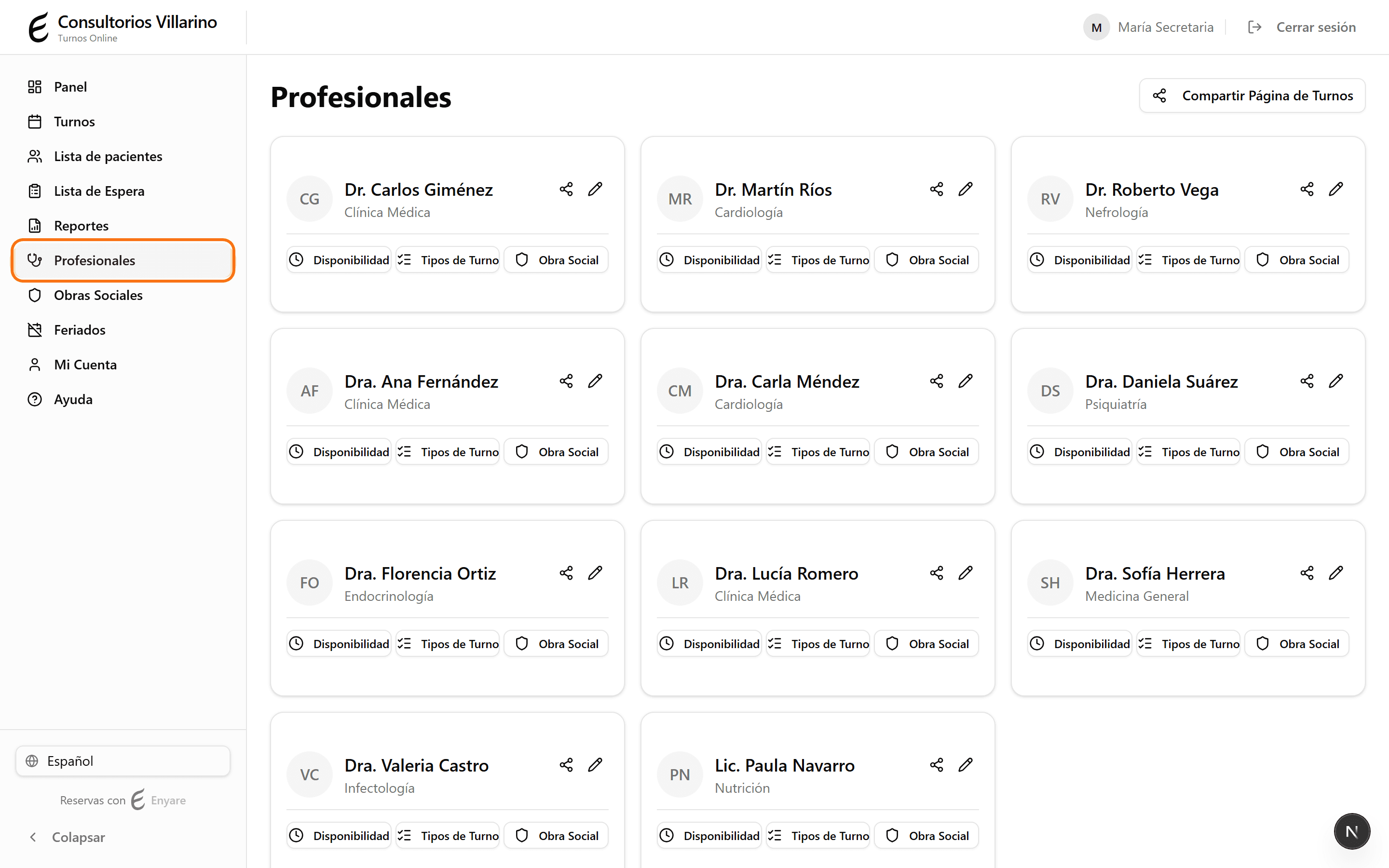 Professionals list in the sidebar