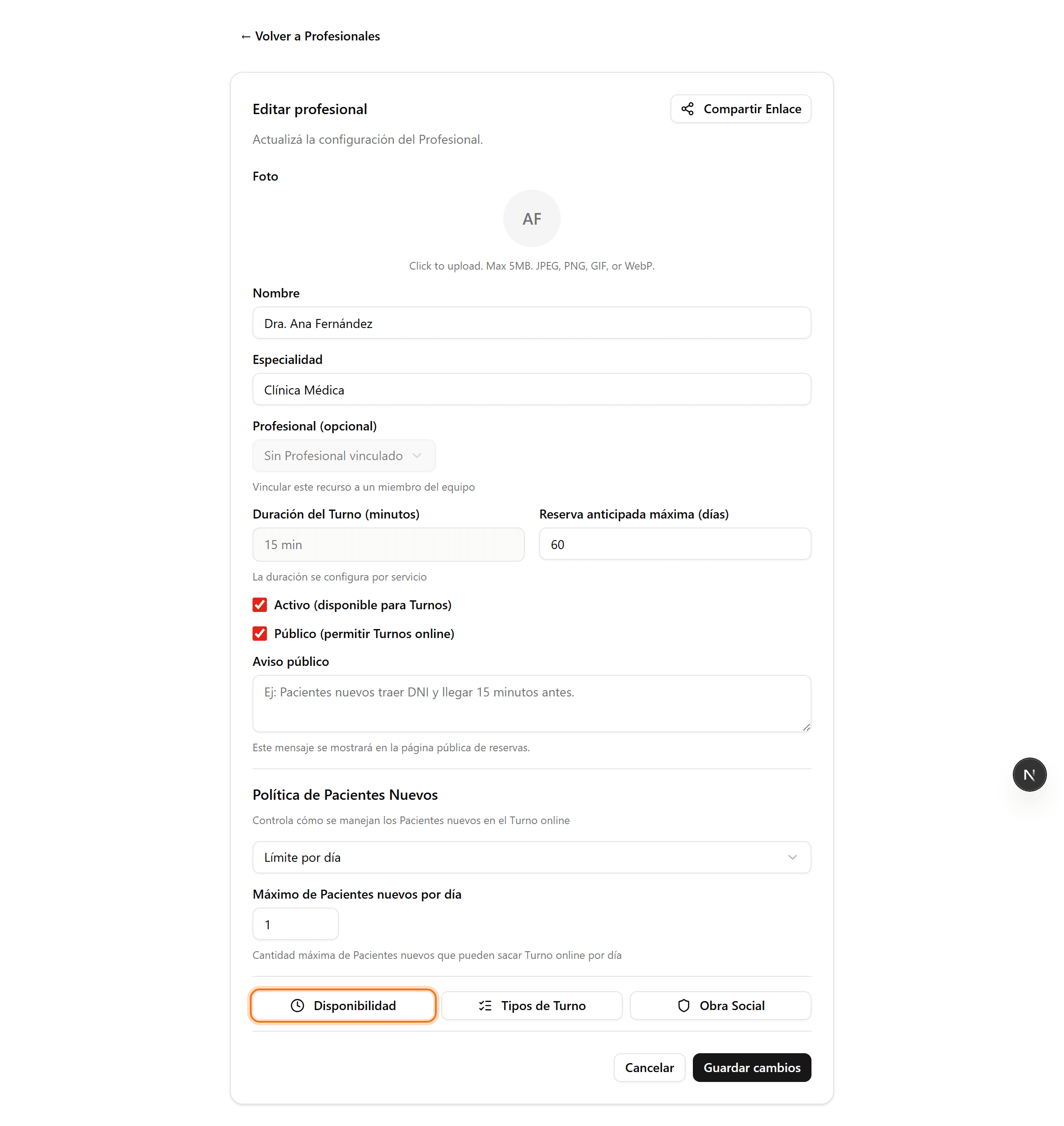 Availability button on the professional's page